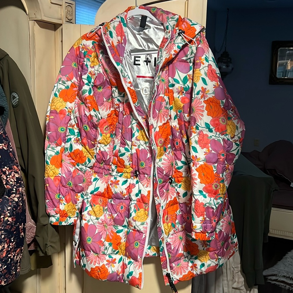 fire+ice love shack fancy. pink and orange flower winter coat
